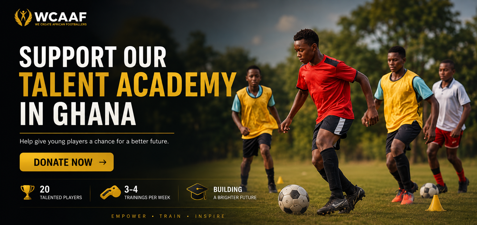 Young soccer players sprint on a field while WCAAF promotes talent academy support in Ghana.